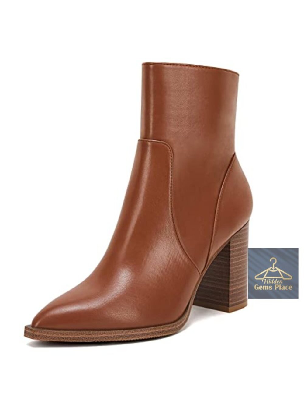 Pointed Toe Ankle Boots Chunky Stacked Heel Side Zipper Faux Leather Booties